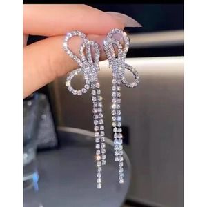 Bow Earrings Clear CZ Silver 4" Chandelier Dangle Drop N16